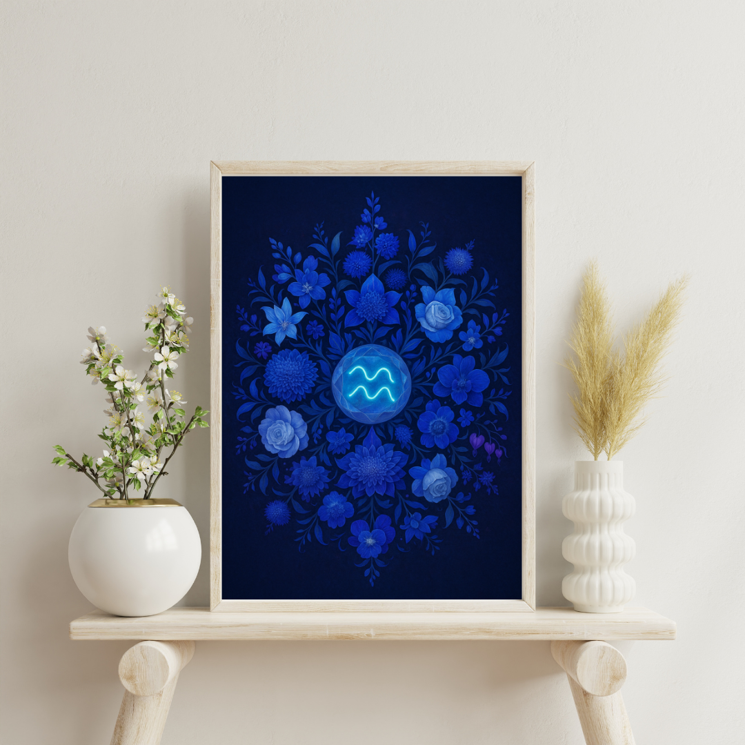 Zodiac Glyph and Flower Mandalas - Aquarius Digital Print