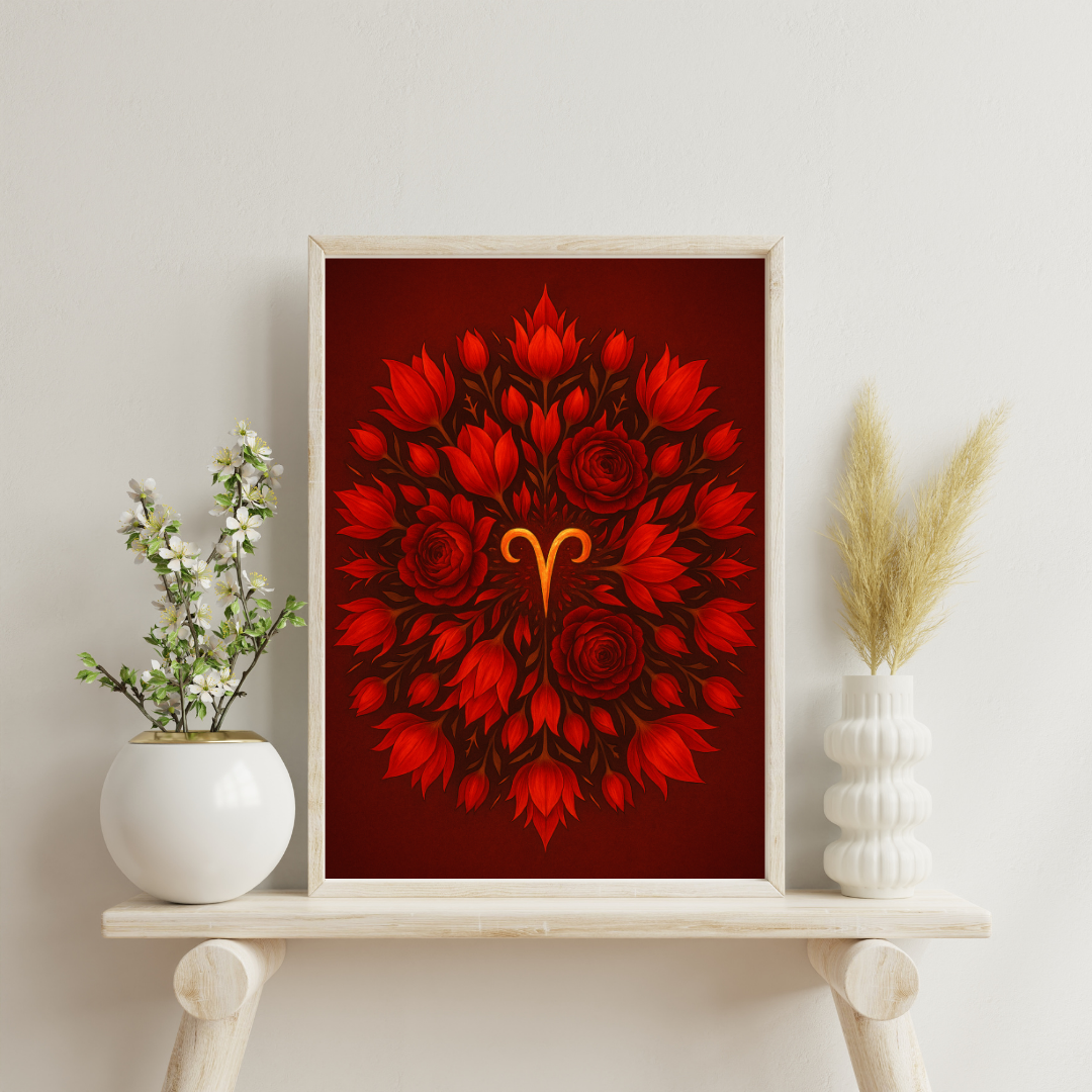 Zodiac Glyph and Flower Mandalas - Aries Digital Print