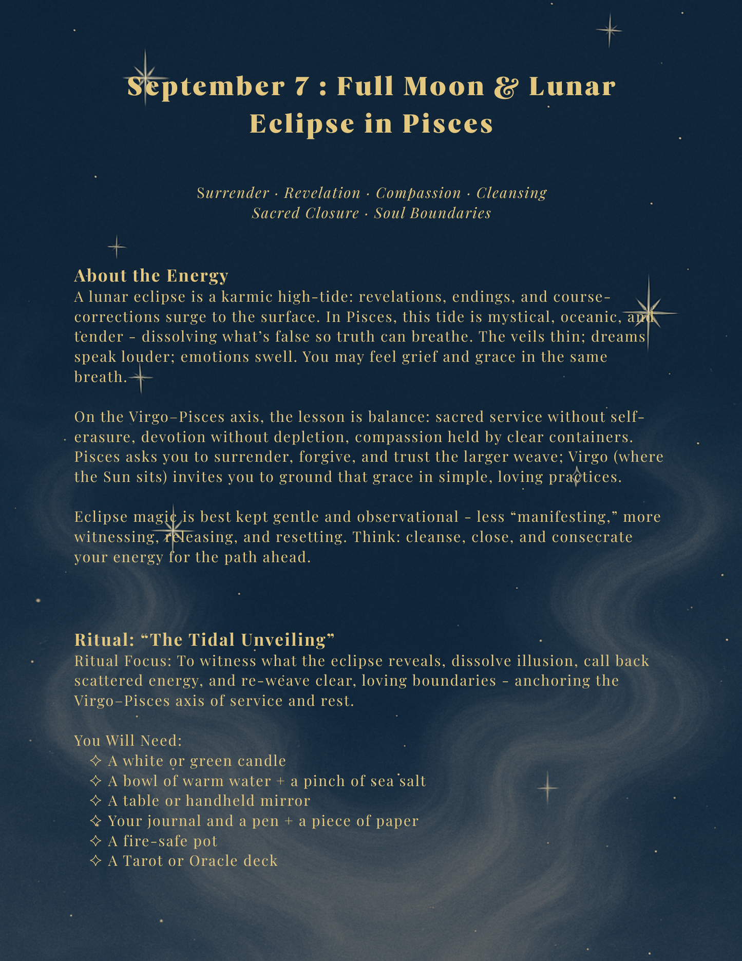 Guided ritual page for the Full Moon & Lunar Eclipse in Pisces on a dark blue background with text. Tells you about the energy of that moon phase and the beginning of the ritual