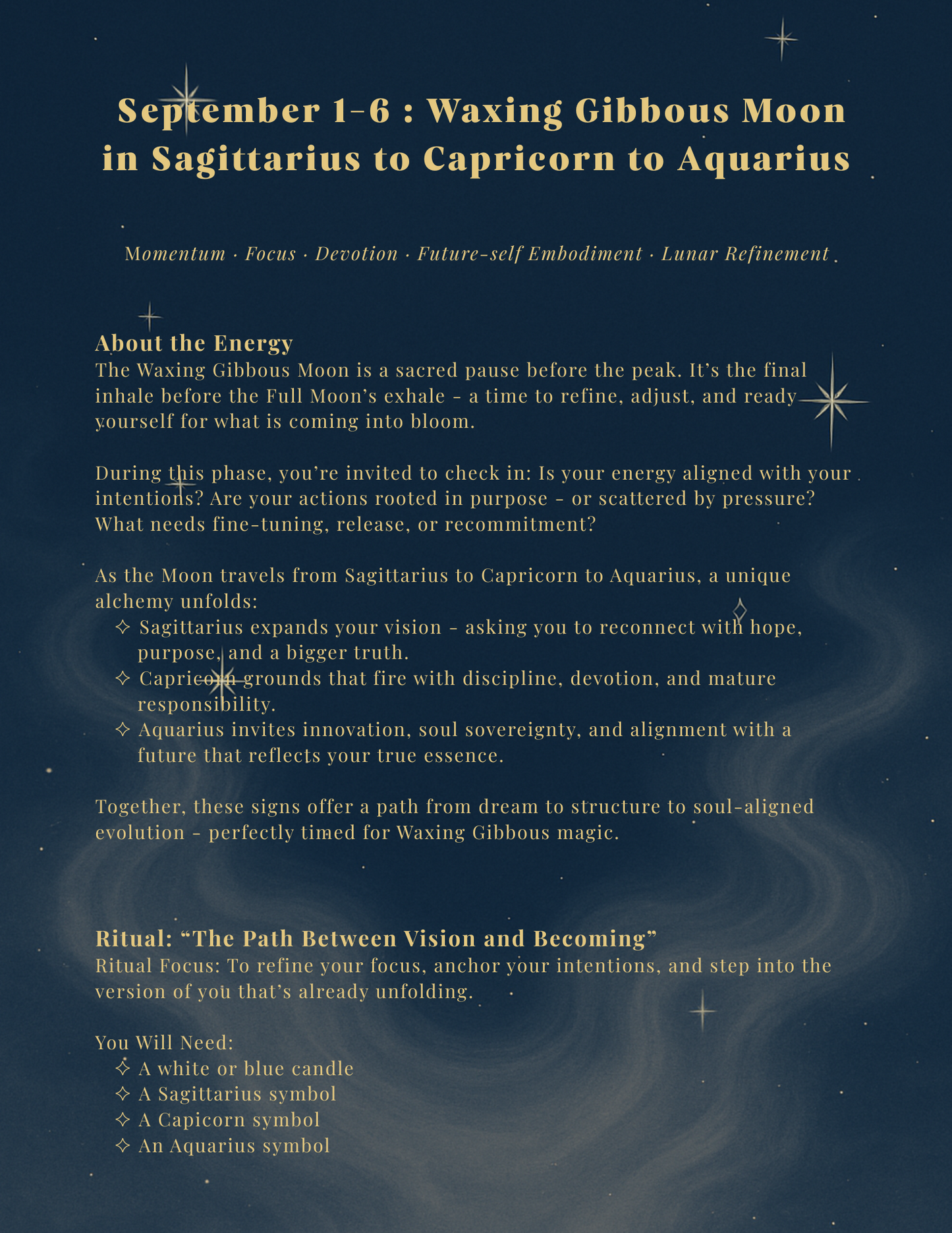 Inside page of The Lunar Soul Journal showing text about the Moon phase energy and the beginning of the guided ritual