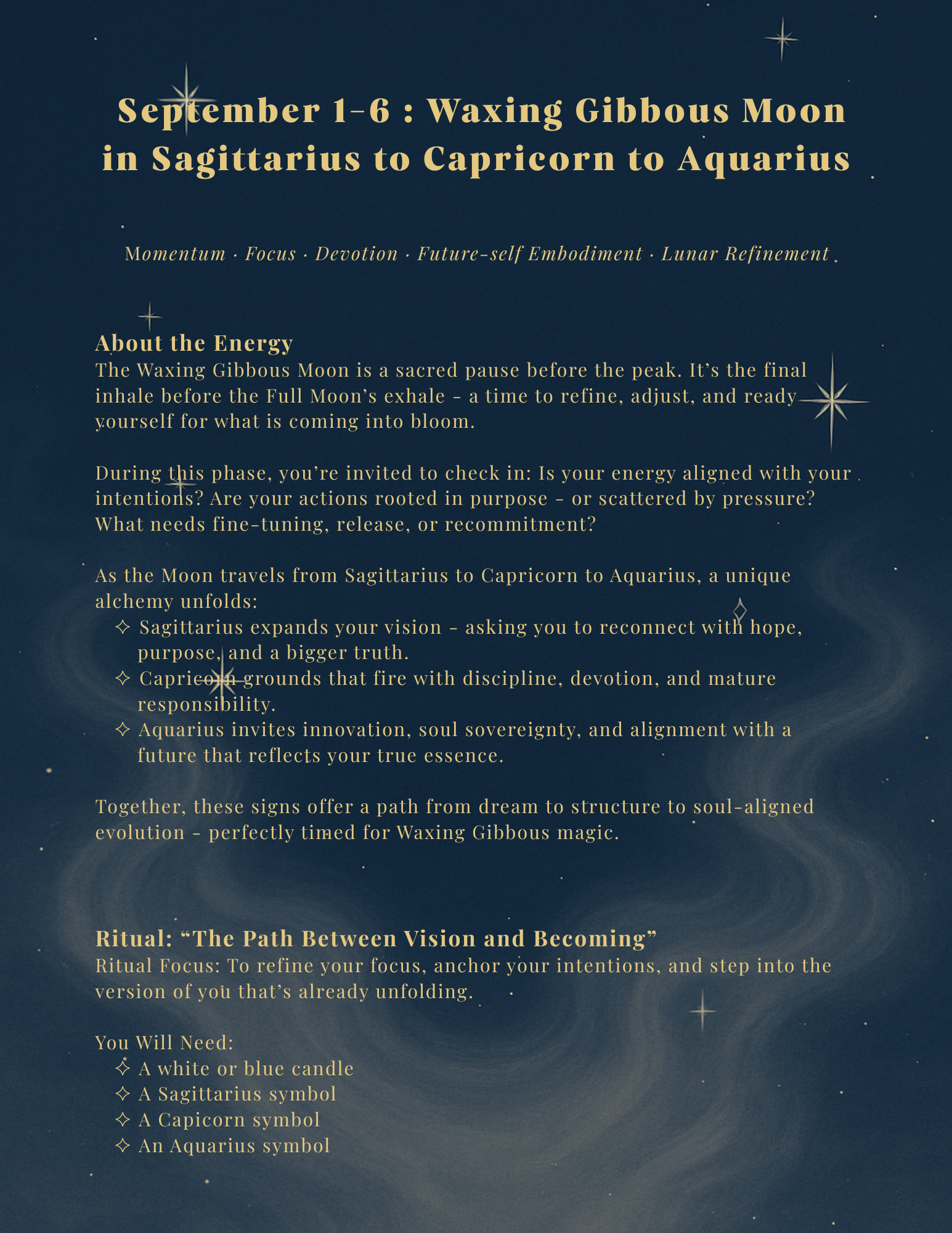 Inside page of The Lunar Soul Journal showing text about the Moon phase energy and the beginning of the guided ritual