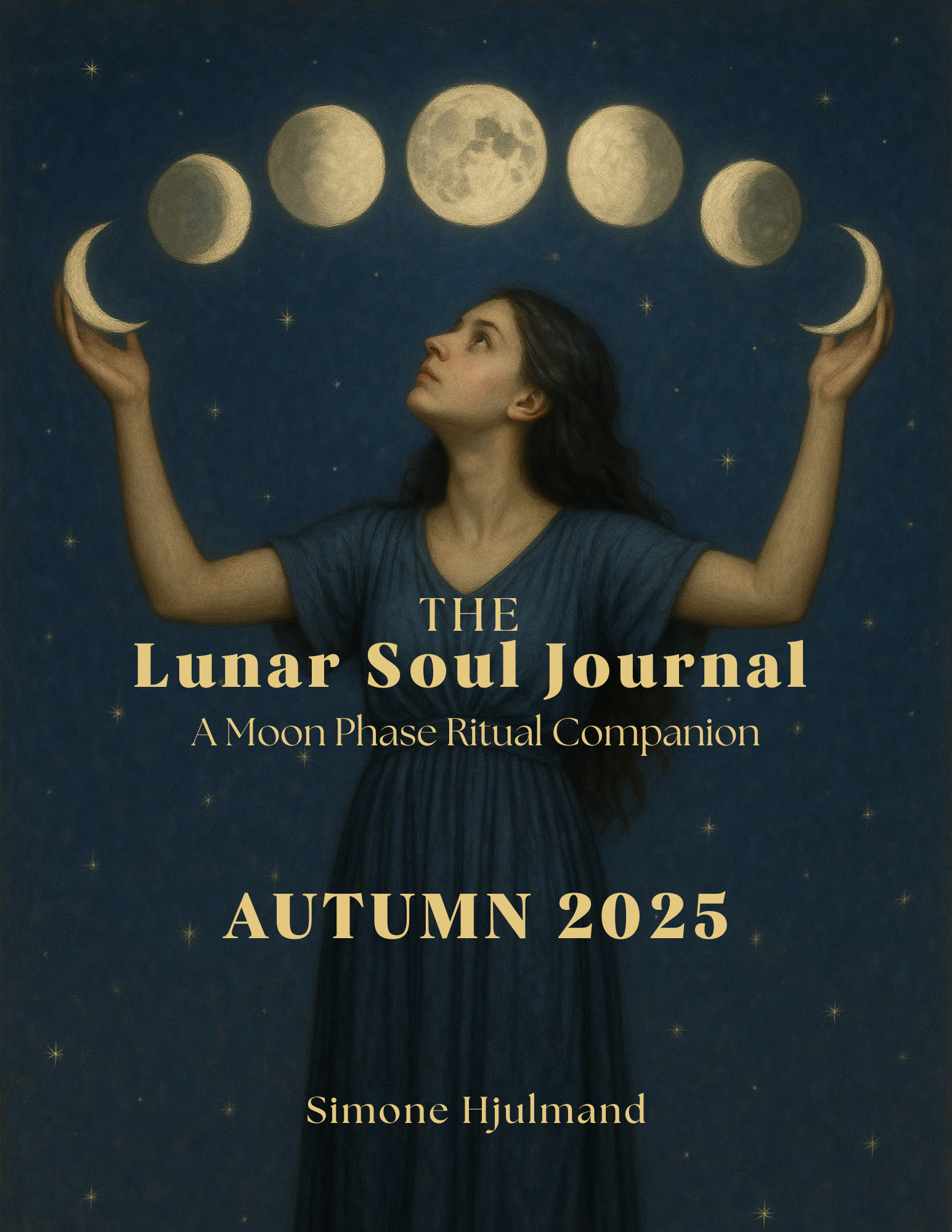 Book cover of 'The Lunar Soul Journal' with moon phases and a person in a blue dress against a starry night sky.