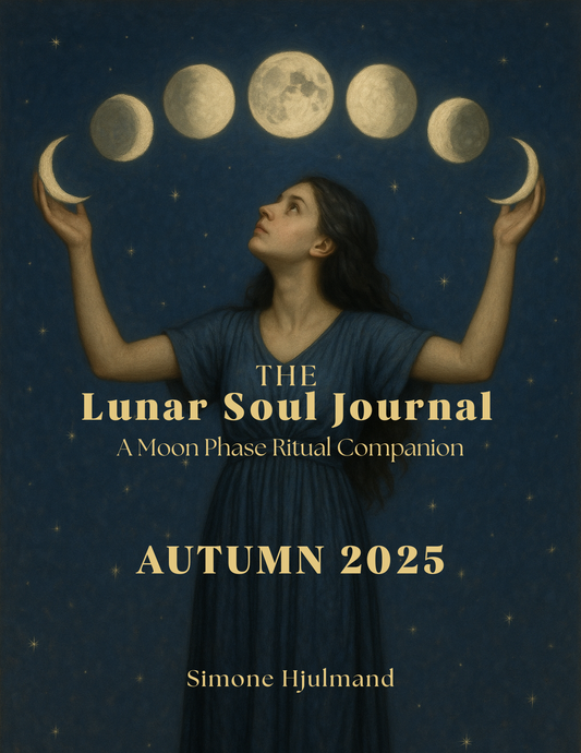 Book cover of 'The Lunar Soul Journal' with moon phases and a person in a blue dress against a starry night sky.