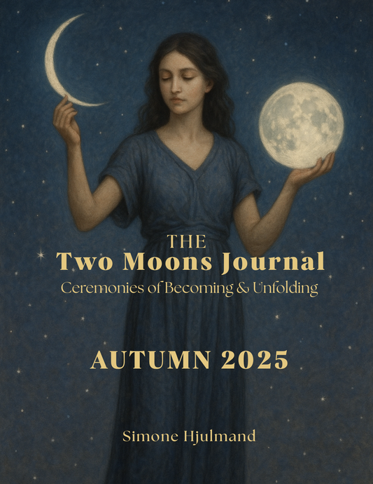 Book cover of 'The Two Moons Journal' with a woman holding a crescent and full moon against a starry night sky.