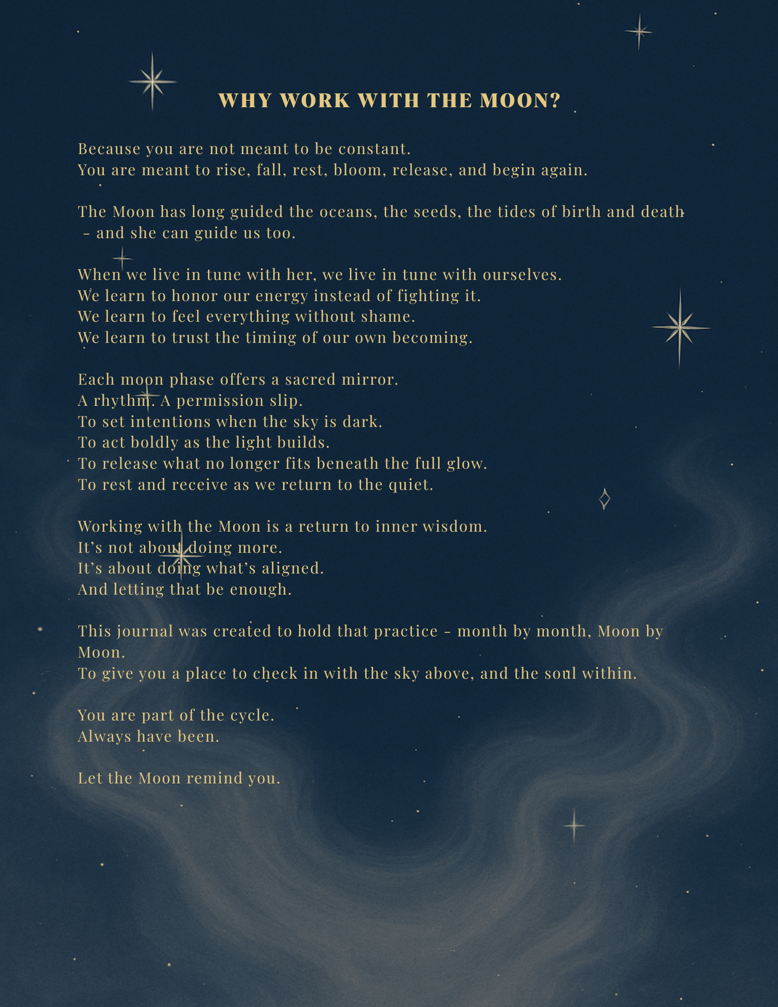 Text on a dark blue background with star and wave designs, discussing working with the moon.