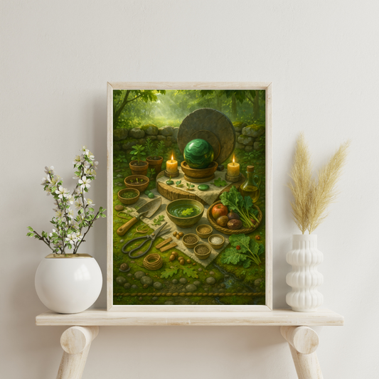 Earth altar in forest dapple with malachite sphere in olive-wood cradle, herbs and bread, spring-water bowl, acorns and river stones - life, body, balance.