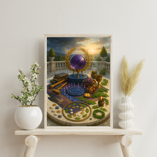 Jupiter altar on a rain-washed terrace with large amethyst orb, laurel corona, astrolabe, cornucopia, chalice and codices - wisdom, fortune, sovereign expansion.