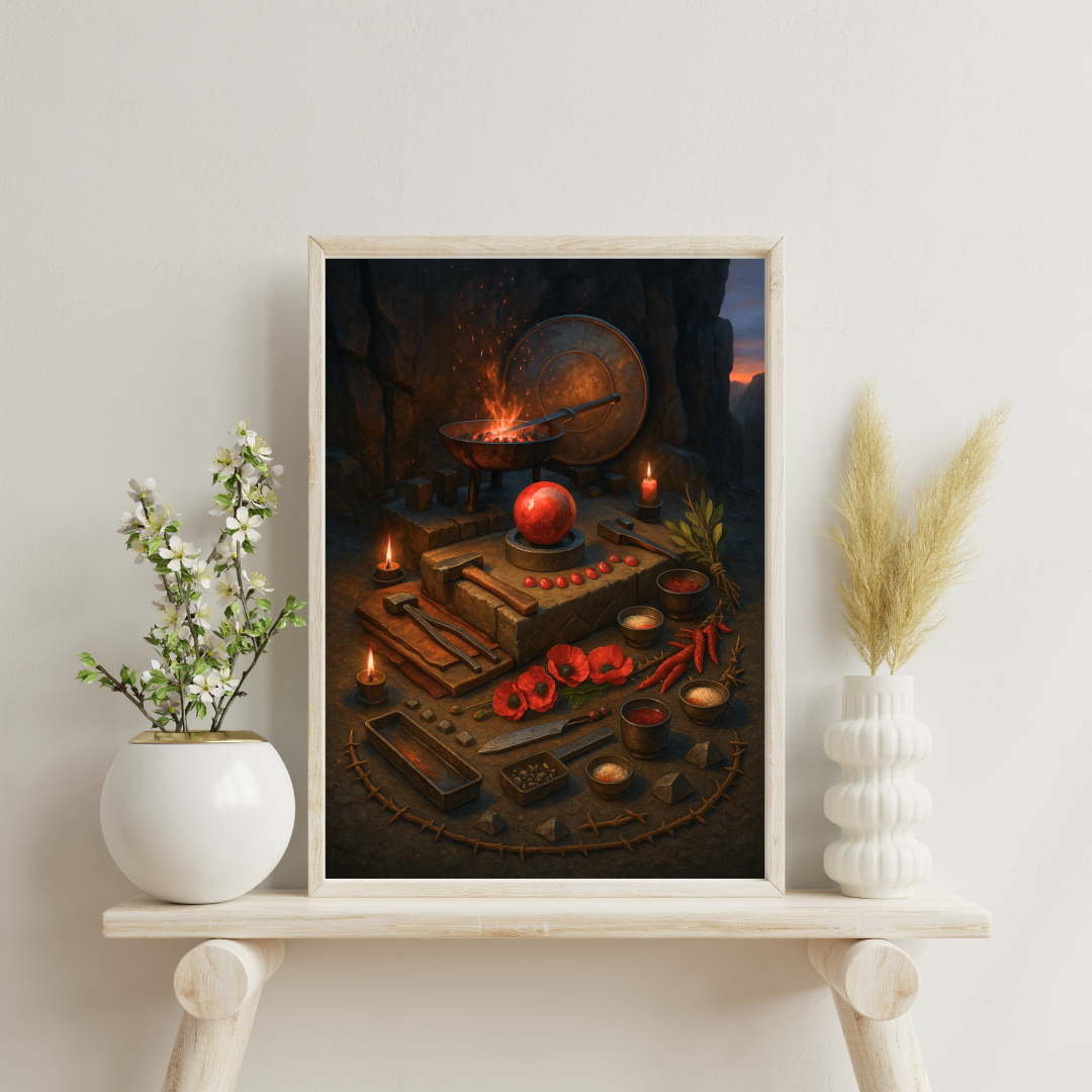 Mars altar by a field-forge with red jasper sphere, coal brazier, hammer, tongs and blade blank, carnelian arc and poppies - courage, will and decisive action.