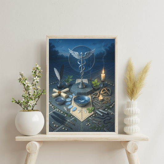 Mercury altar at dawn crossroads with winged gyroscope, quills and ink, sextant and compass, blue lace agate and Herkimer ring - swift communication magic.