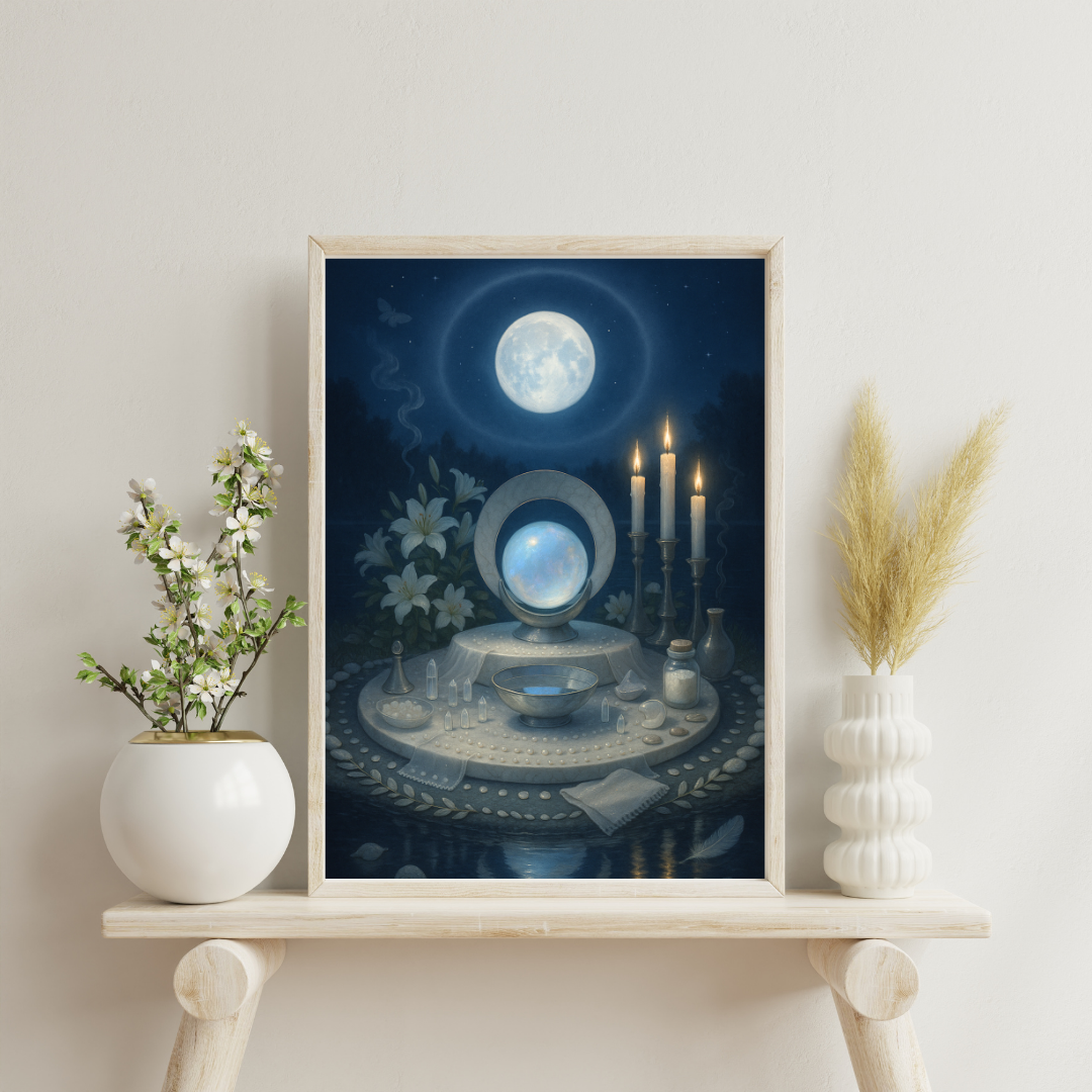 Moon altar beside still water with moonstone sphere in silver crescent, mother-of-pearl nimbus, white lilies, cool tapers and scrying bowl - dreamlike intuition.