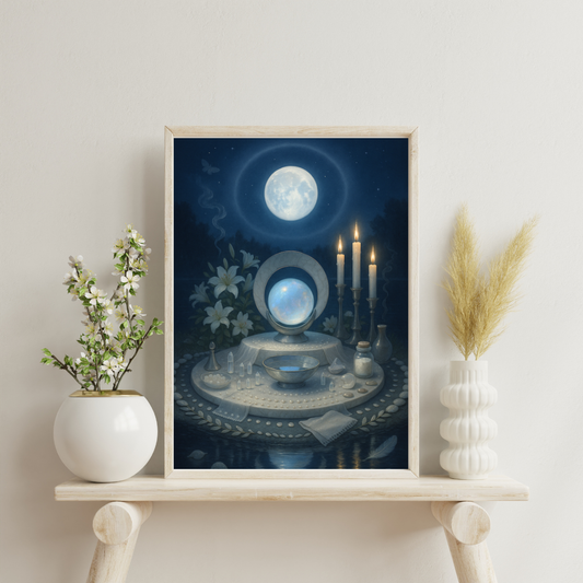 Moon altar beside still water with moonstone sphere in silver crescent, mother-of-pearl nimbus, white lilies, cool tapers and scrying bowl - dreamlike intuition.