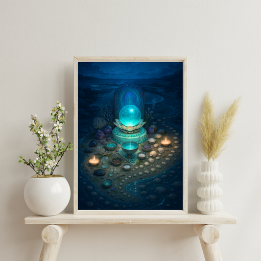 Neptune altar at a tidal pool with blue-green fluorite sphere in mother-of-pearl, shell lamps, libation bowl and sea-glass plinth - dreams, tides, deep mysticism.