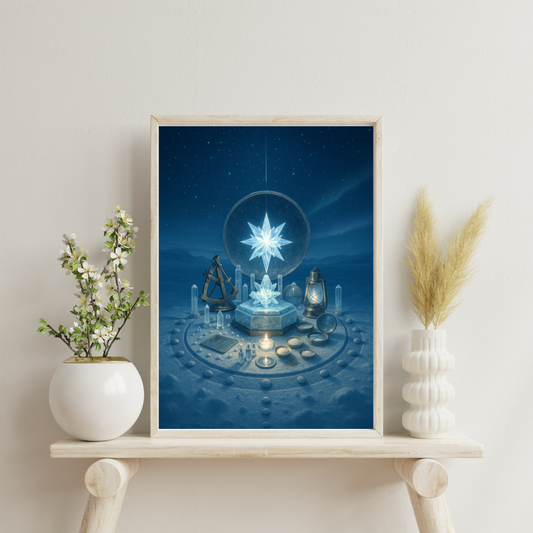 North Star altar on ice with carved quartz star, mirror halo, sextant and compass, black-glass artificial horizon and storm lanterns - guidance and true bearing.