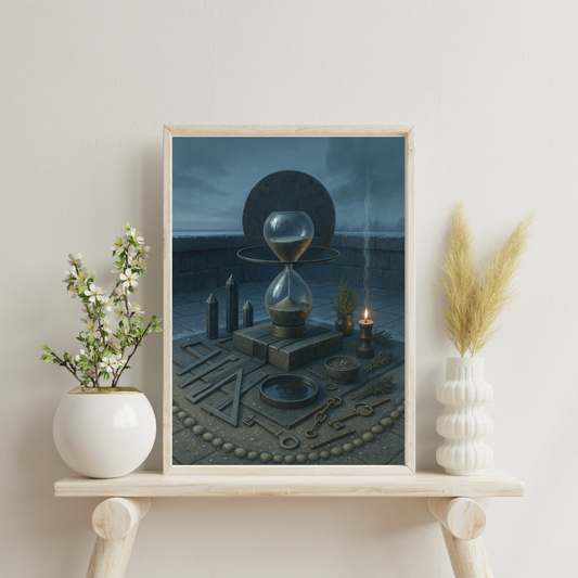 Saturn altar on frosted stone with hourglass and floating steel ring, onyx nimbus, tourmaline pillars, caliper and plumb bob - time, boundaries and mastery.