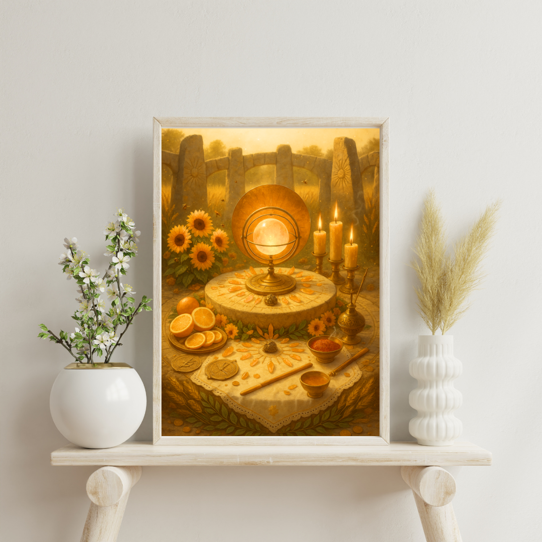 Sun altar in a megalithic circle with glowing quartz orb in brass gimbal, hammered-gold halo, beeswax candles, marigolds and honeycomb - radiant vitality.