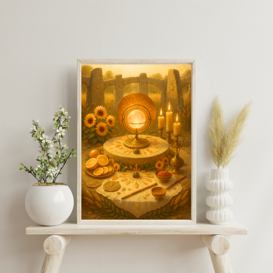 Sun altar in a megalithic circle with glowing quartz orb in brass gimbal, hammered-gold halo, beeswax candles, marigolds and honeycomb - radiant vitality.