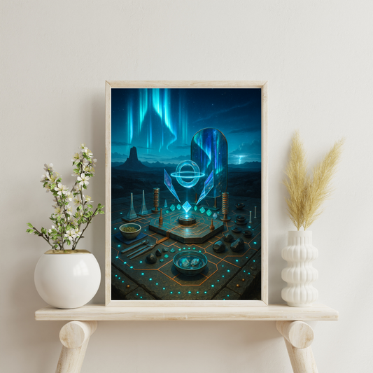 Uranus altar under aurora with levitating dichroic torus, copper coils, prisms, labradorite quarters and fluorite ring - breakthrough, liberation, genius.