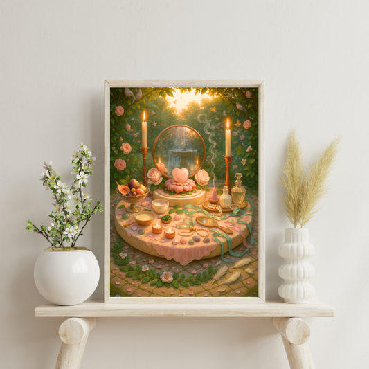 Venus altar in a rose garden with copper mirror, rose-quartz stone, open roses, figs and pomegranate, pearl strand and perfume flacons - love, beauty, harmony.