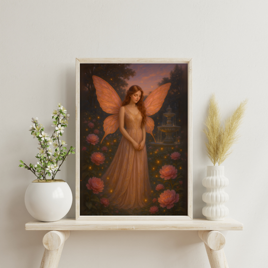 Fairies of the Hidden Realms - The Rosegold Fairy of Twilight Gardens Digital Print