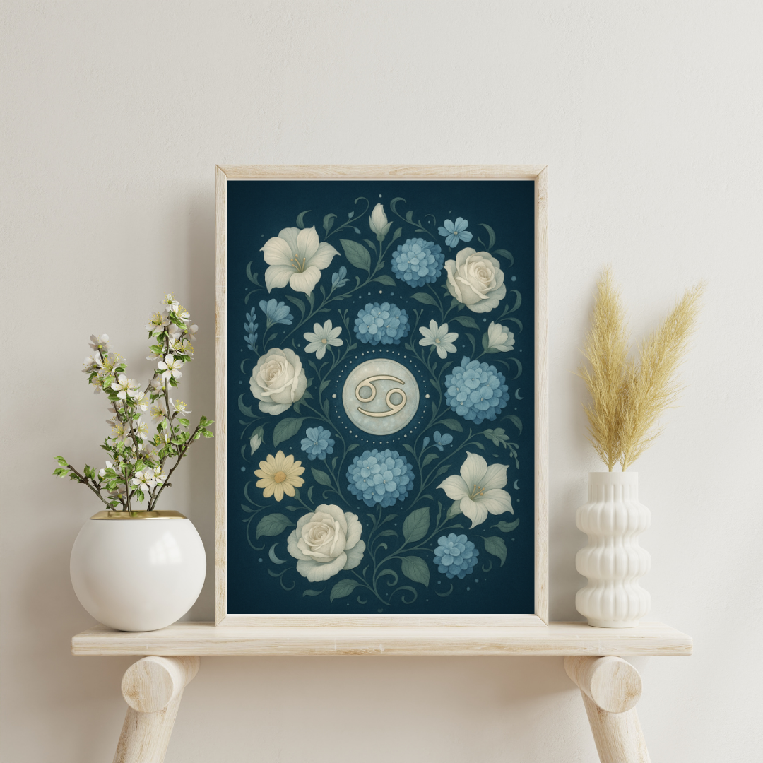 Zodiac Glyph and Flower Mandalas - Cancer Digital Print
