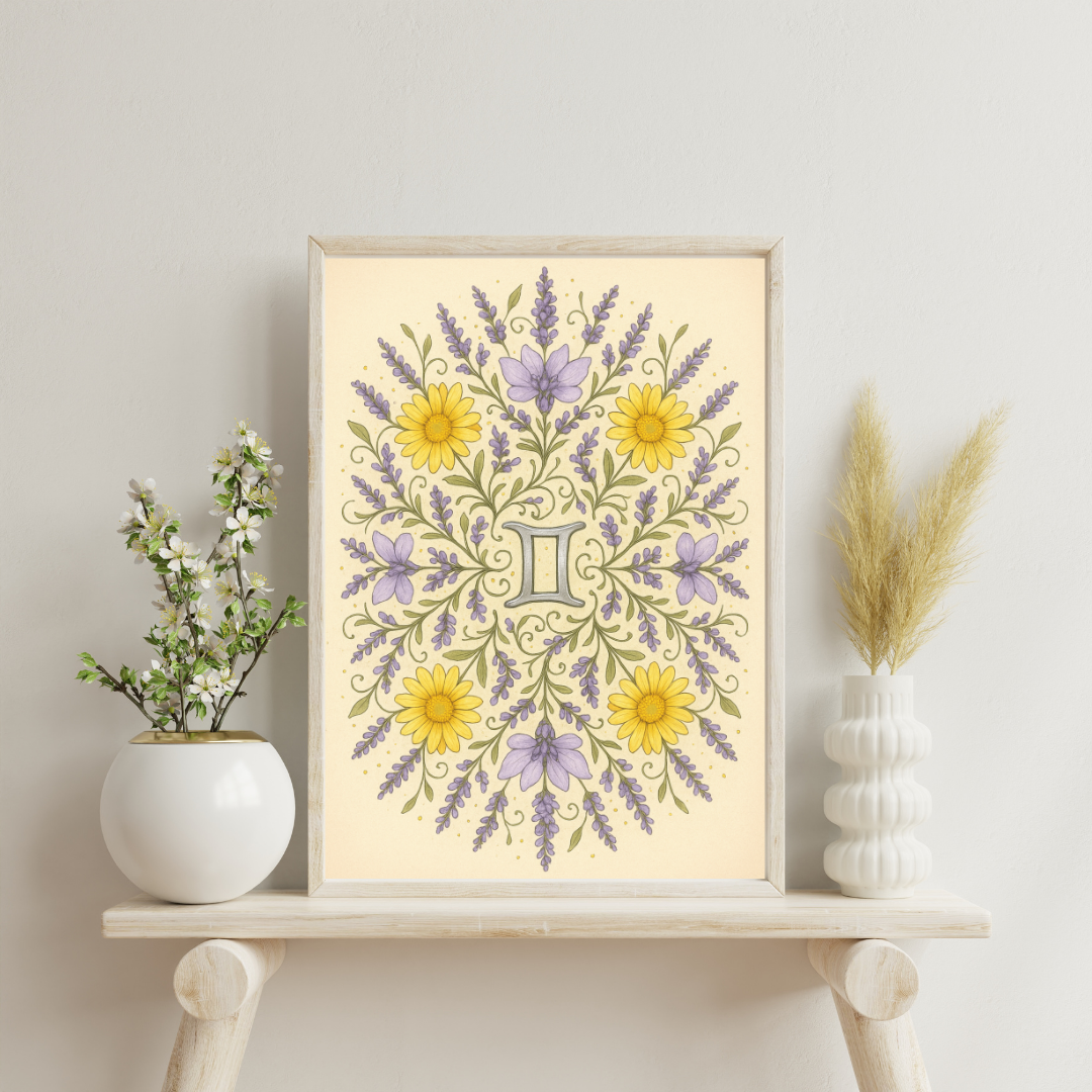 Zodiac Glyph and Flower Mandalas - Gemini Digital Print