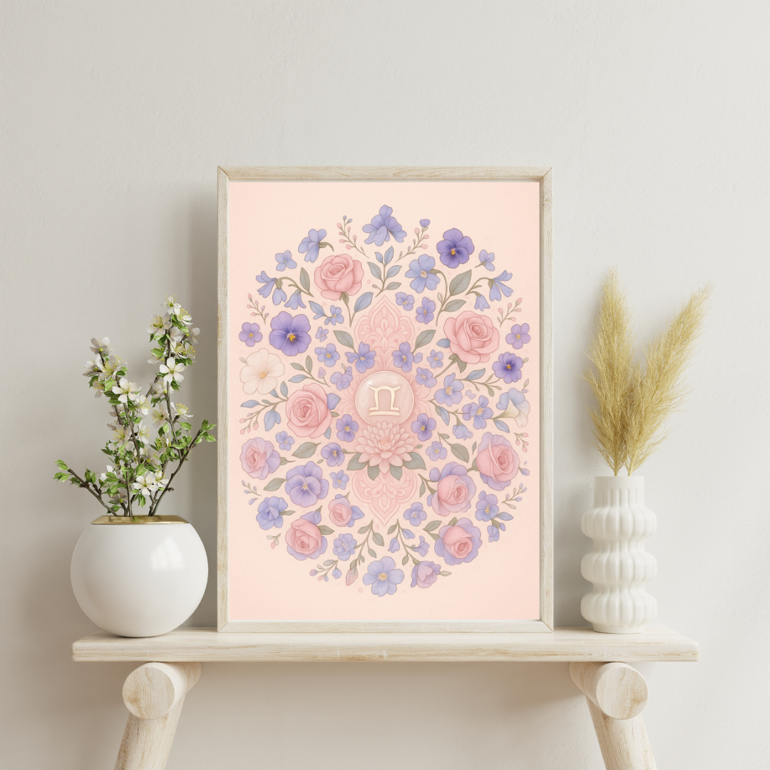 Zodiac Glyph and Flower Mandalas - Libra Digital Print