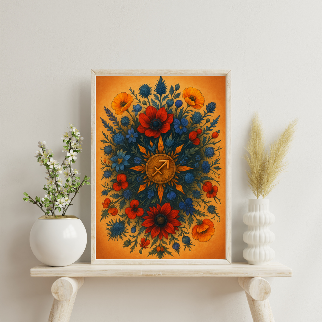 Zodiac Glyph and Flower Mandalas - Sagittarius Digital Print