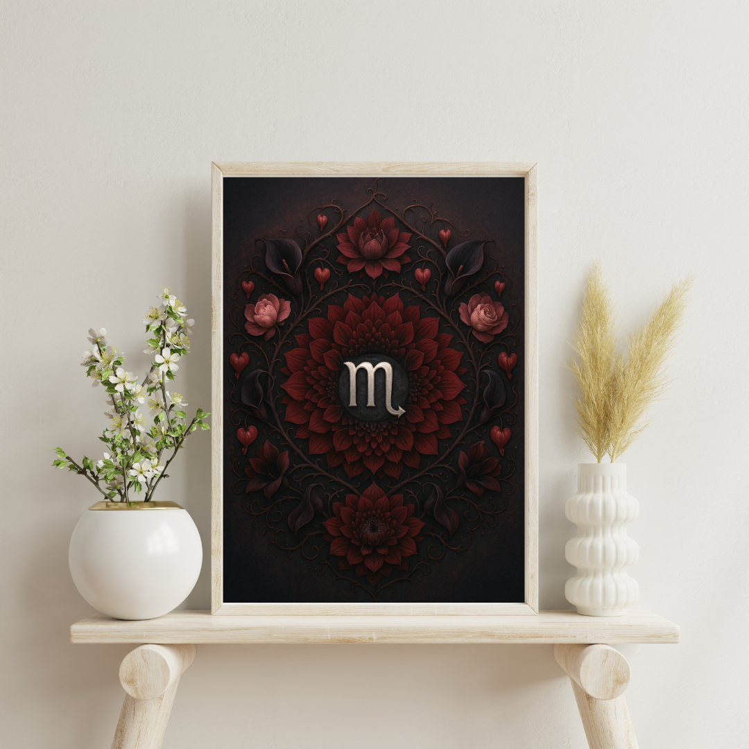 Zodiac Glyph and Flower Mandalas - Scorpio Digital Print