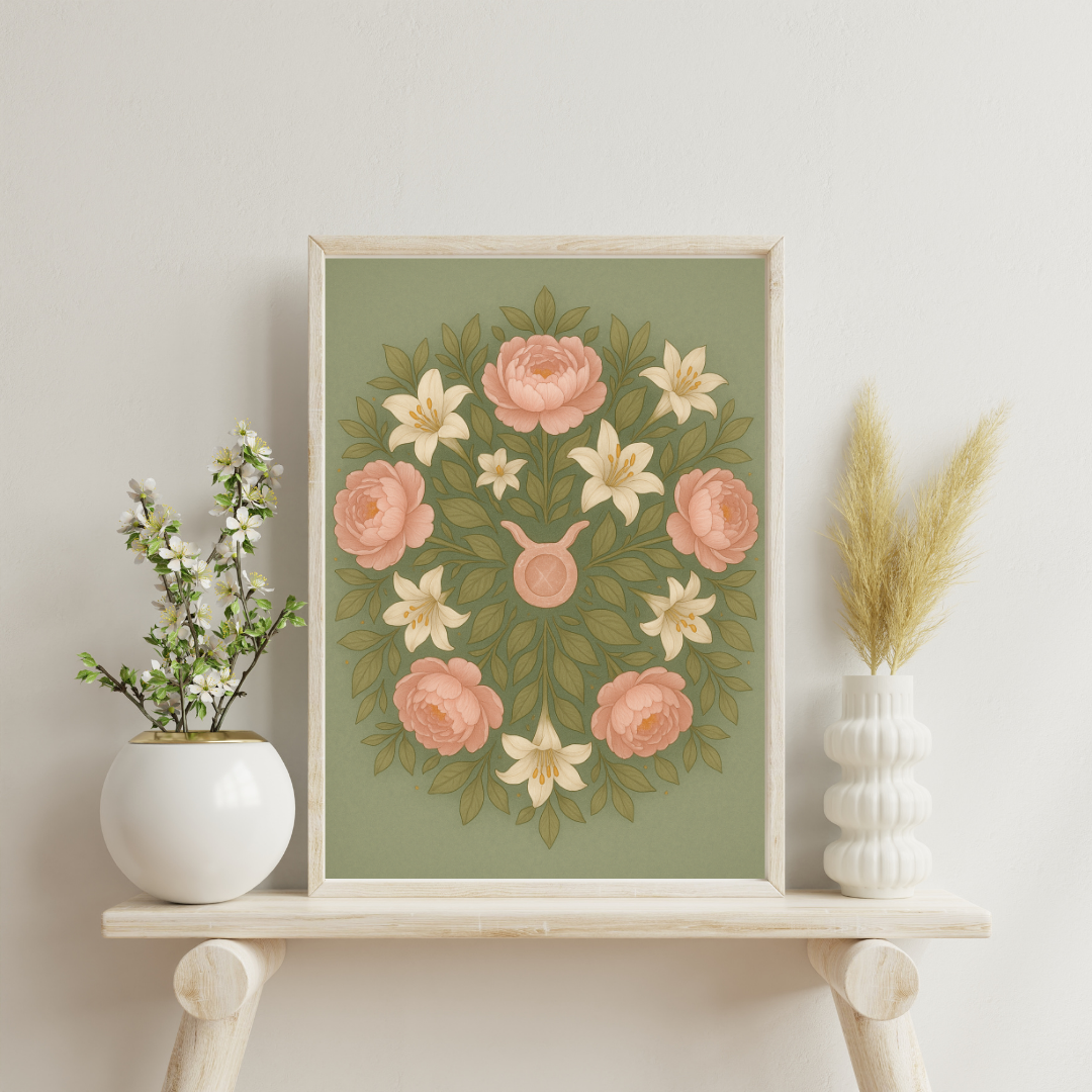 Zodiac Glyph and Flower Mandalas - Taurus Digital Print