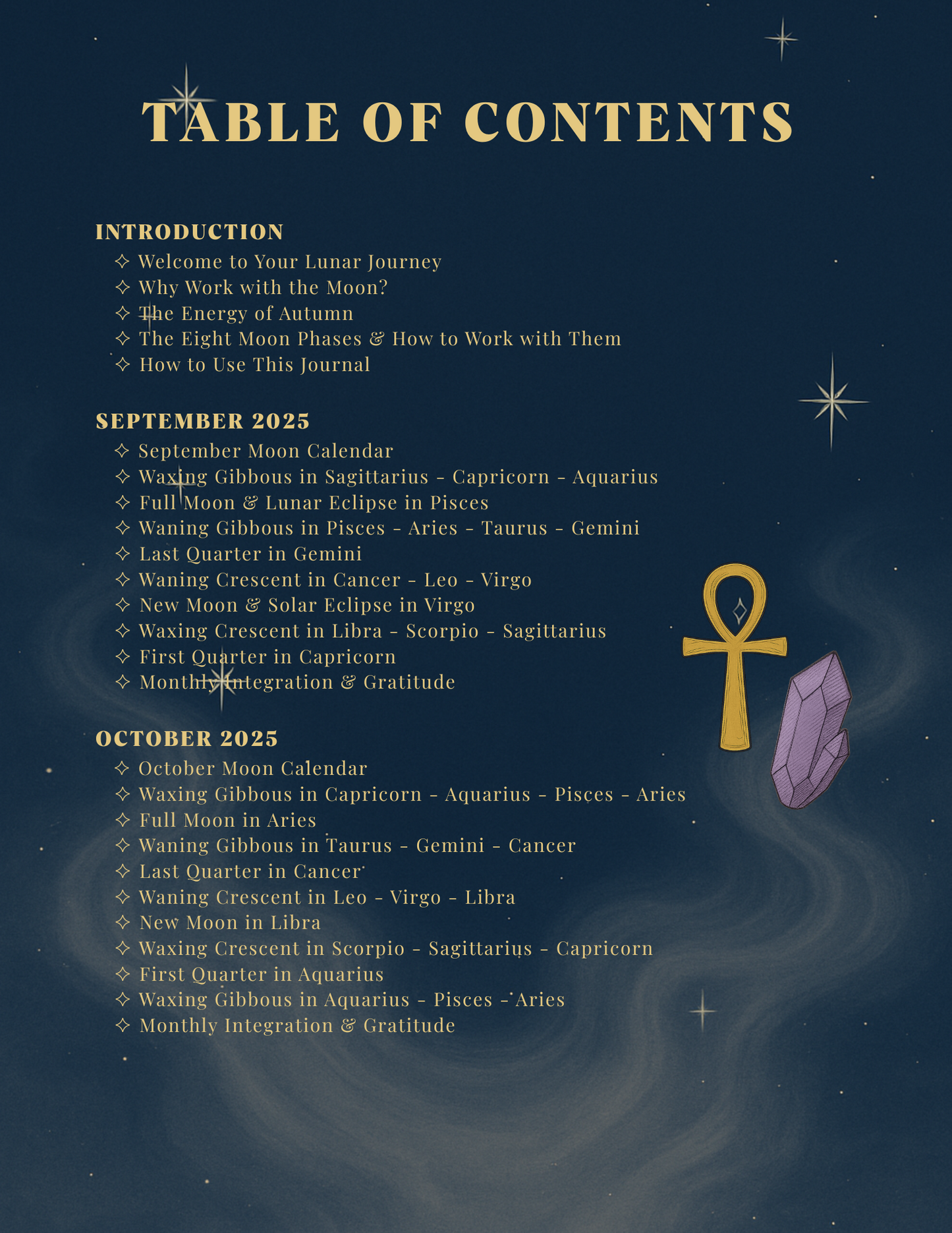 Table of contents for a lunar journey guide with astrological information on a dark blue background.