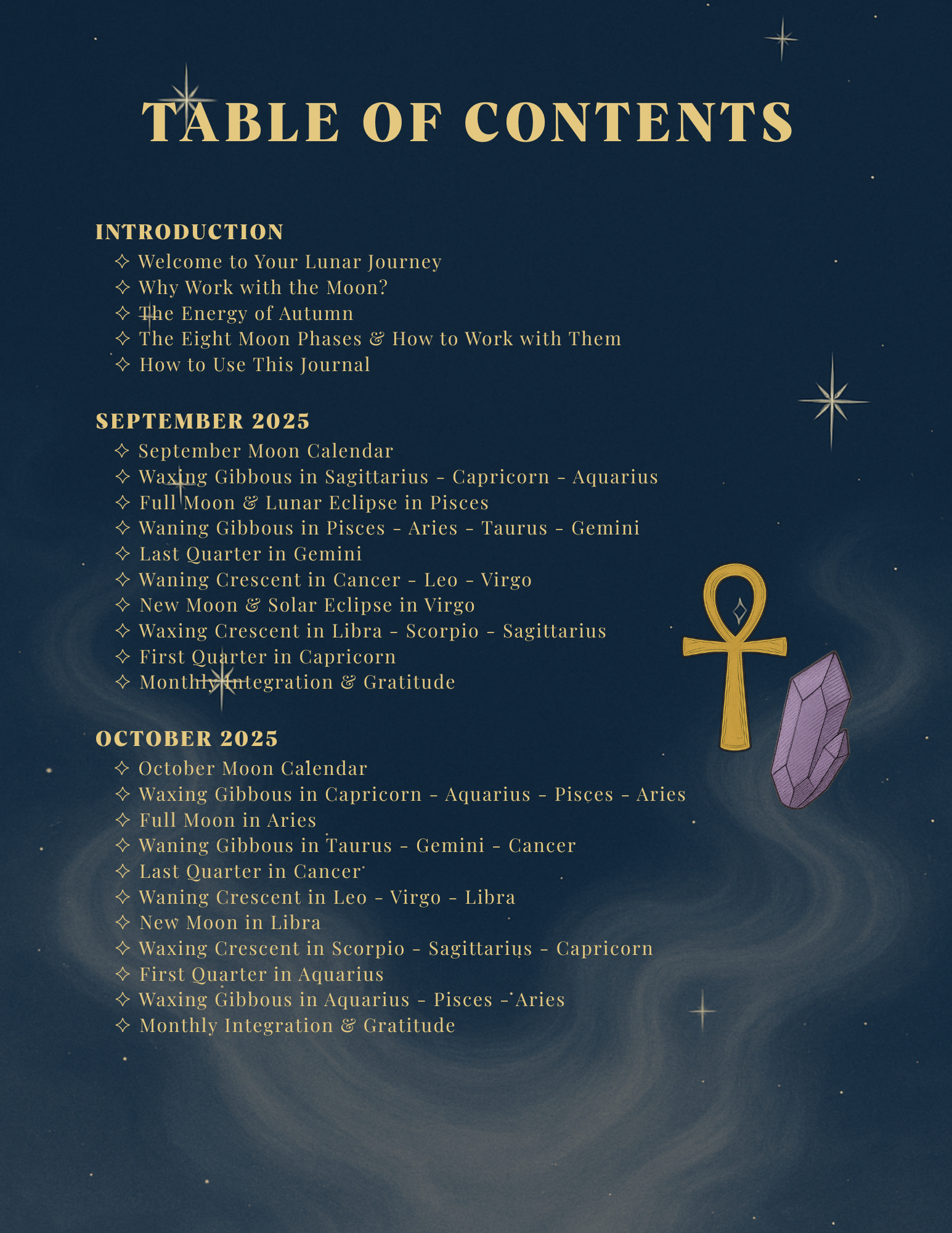 Table of contents for a lunar journey guide with astrological information on a dark blue background.