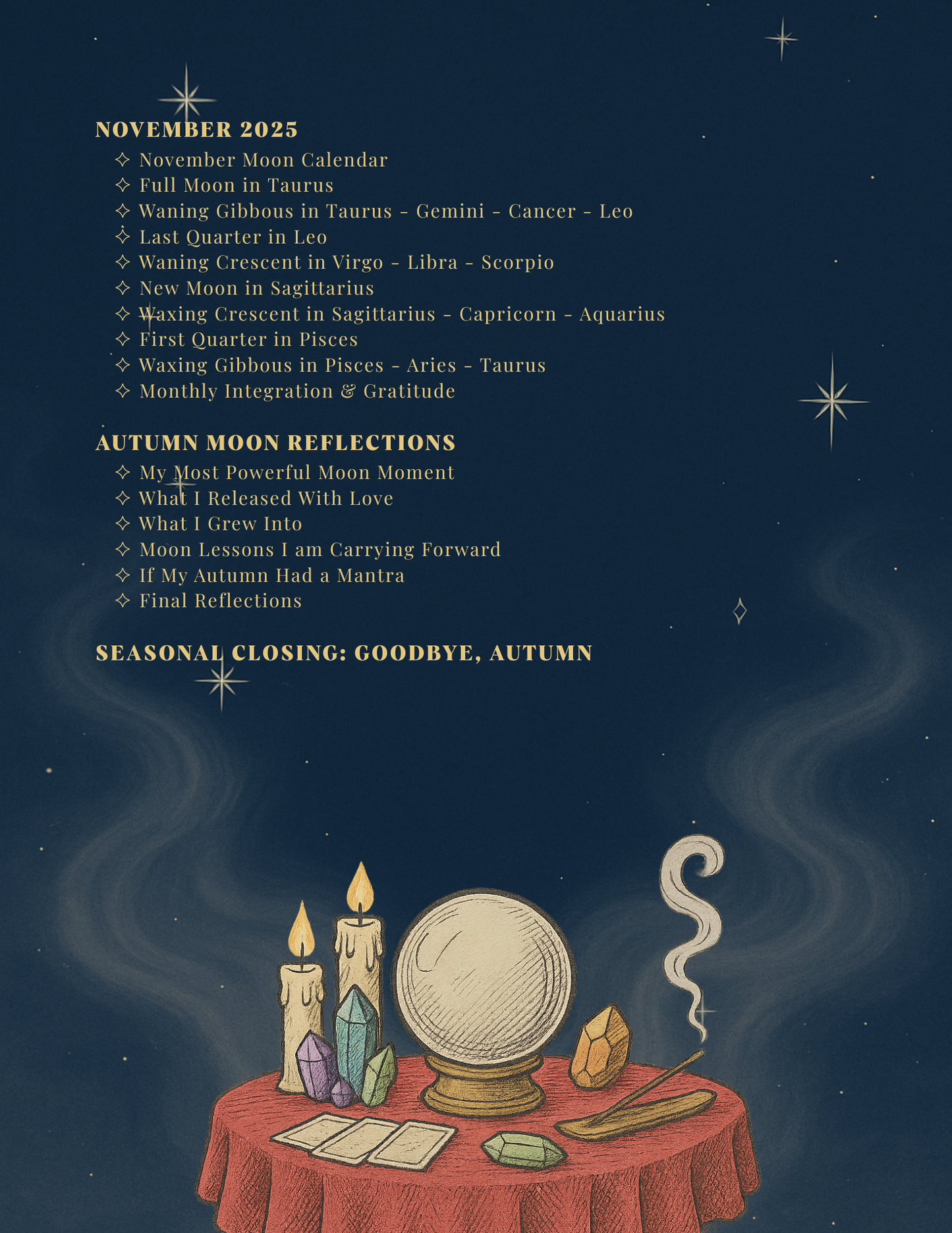 November 2025 moon calendar with astrological information and a mystical table setting.