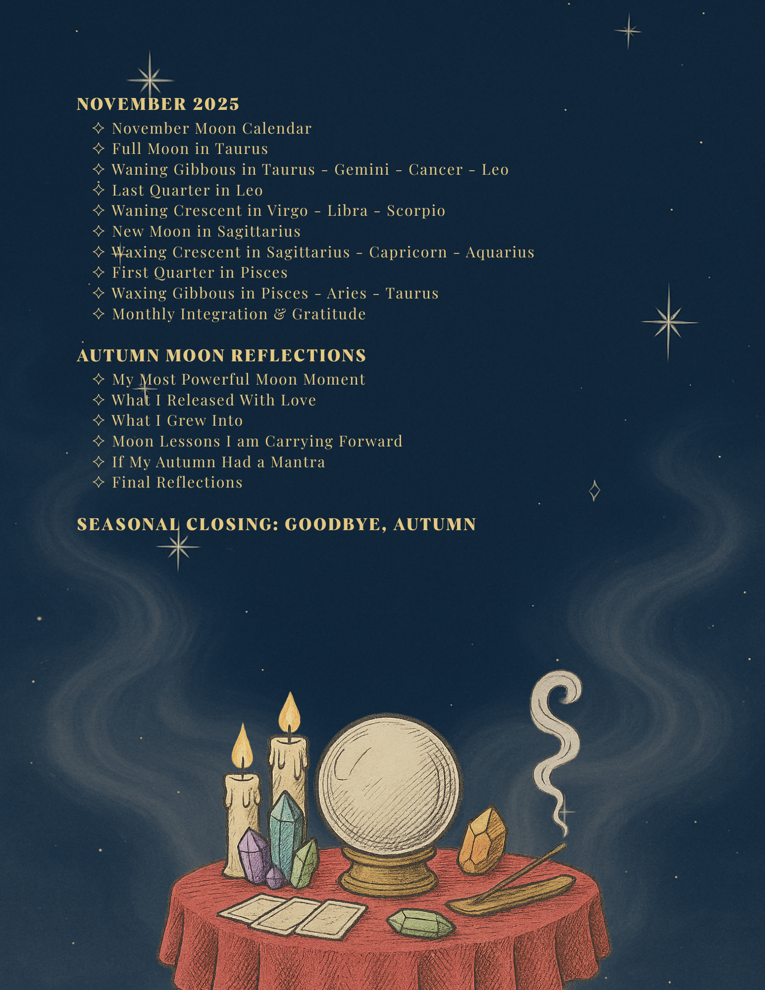 November 2025 moon calendar with astrological information and a mystical table setting.