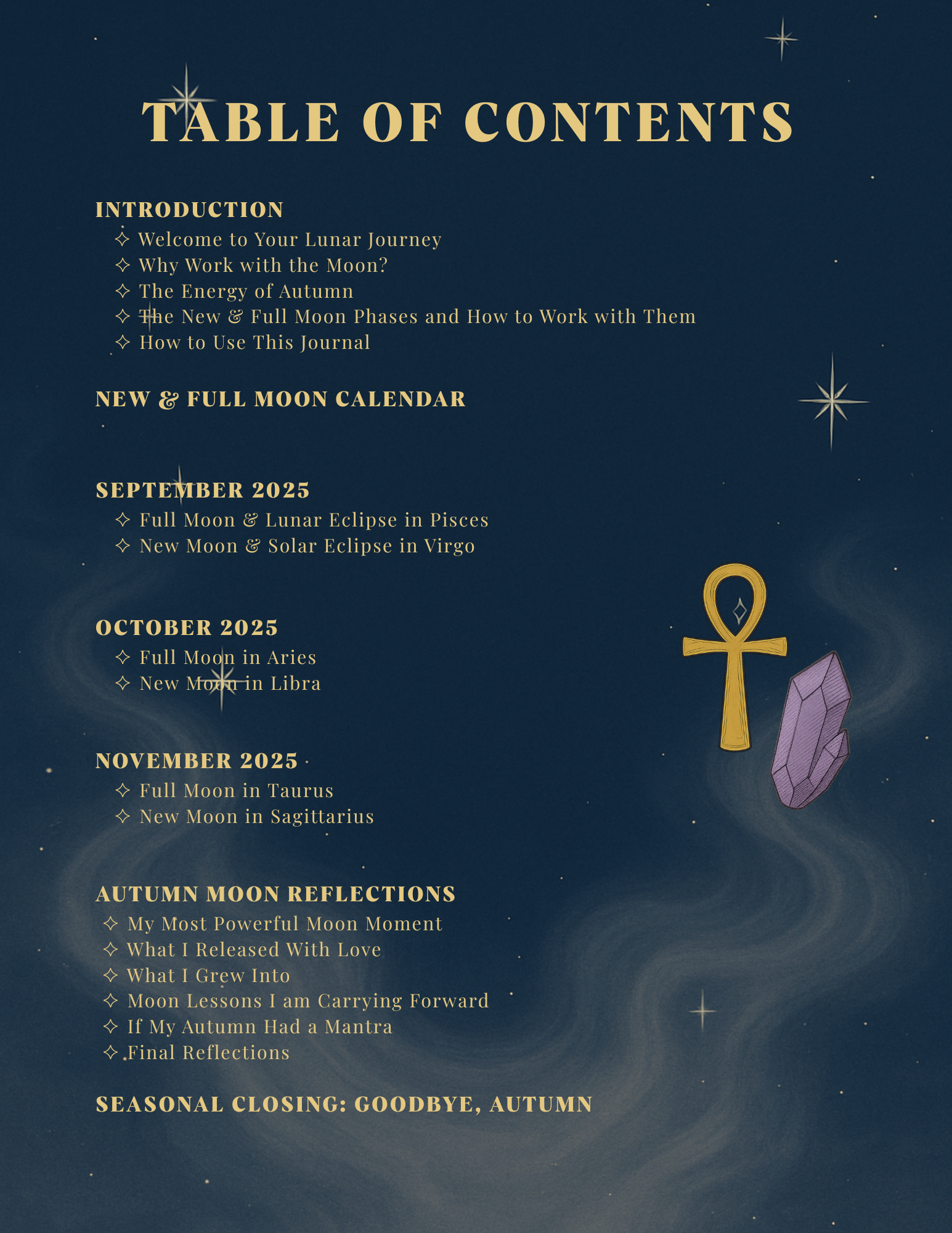 Table of contents for a lunar journey journal with celestial design elements.