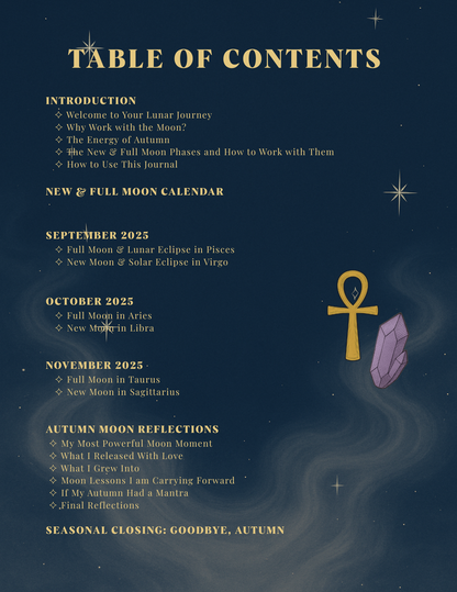 Table of contents for a lunar journey journal with celestial design elements.